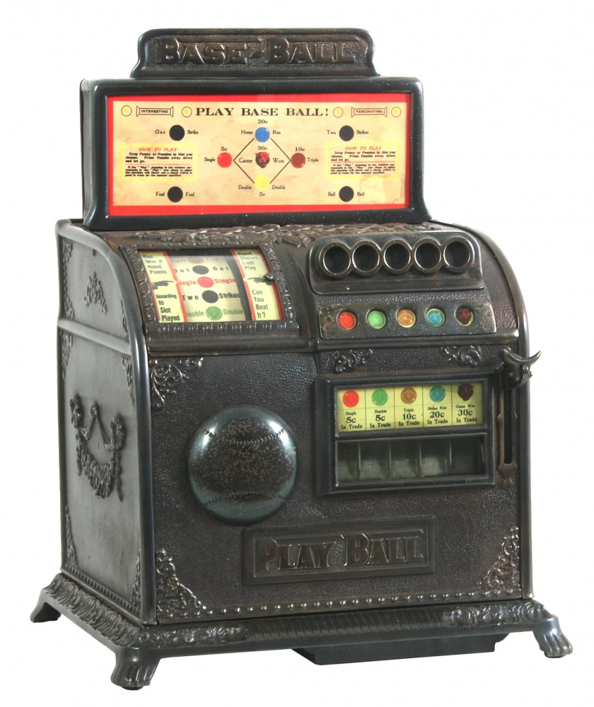 Caille Brothers Co. of Detroit produced this one-cent coin-operated baseball trade stimulator, which is a single-reel type with five payout slots. Estimate: $12,000-$15,000. Fontaine's images